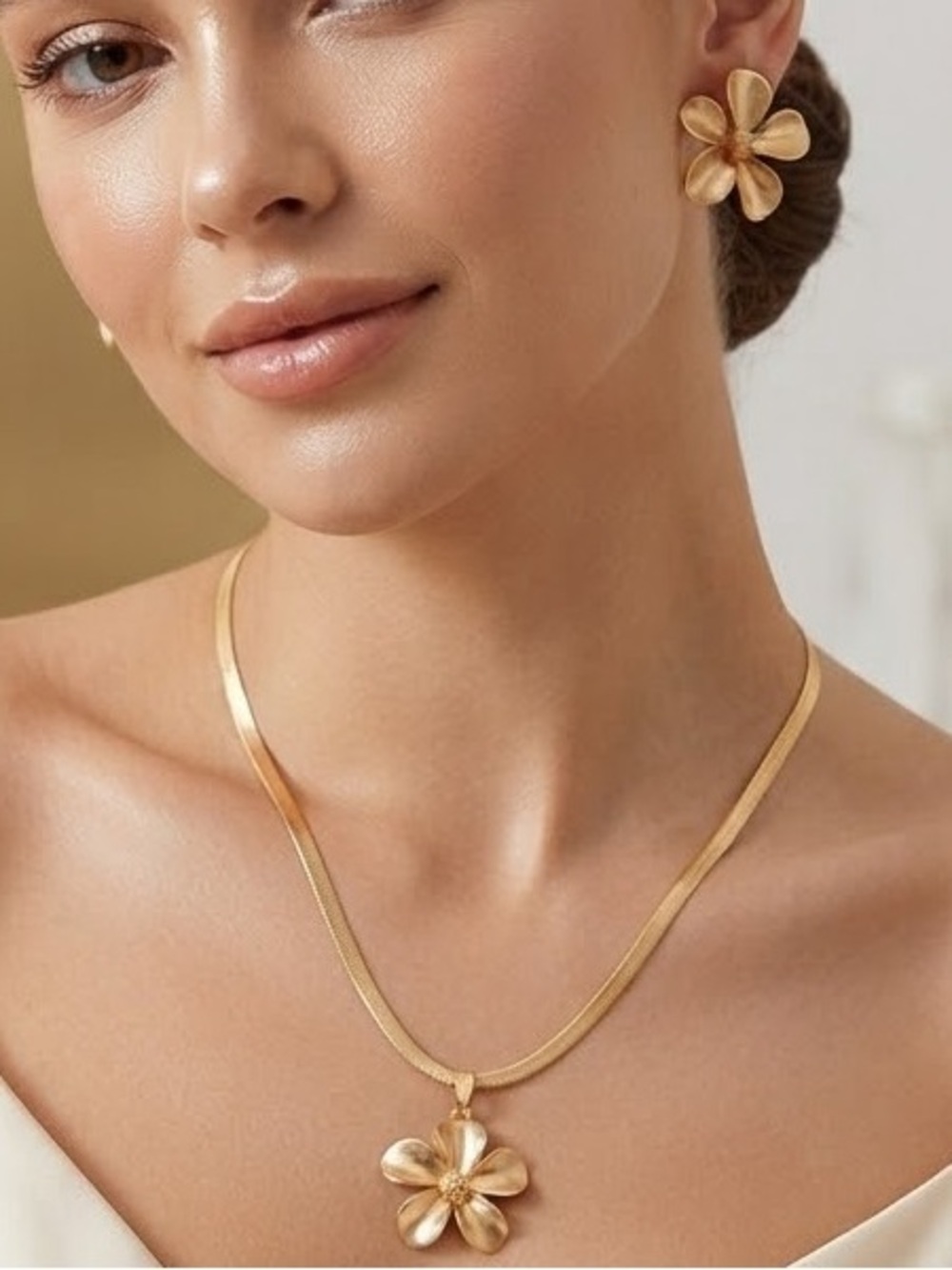 Gold Flower Stainless Steel Necklace and Earring set!